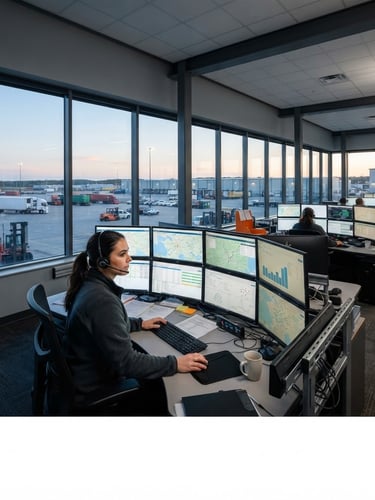 Wide panoramic shot of a modern dispatch office at dawn, multiple monitors displaying logistics maps, a dispatcher in the foreground, crisp early morning daylight, industrial editorial photography.