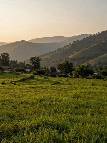 Wide-angle editorial landscape photography of lush green open plots in Kashipur at golden hour, Himalayan foothills soft in the background, warm natural light, 35mm