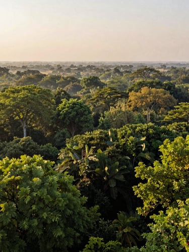 Lush wide-angle landscape of Jim Corbett forest canopy during morning golden hour, soft natural shadows, rich green tones