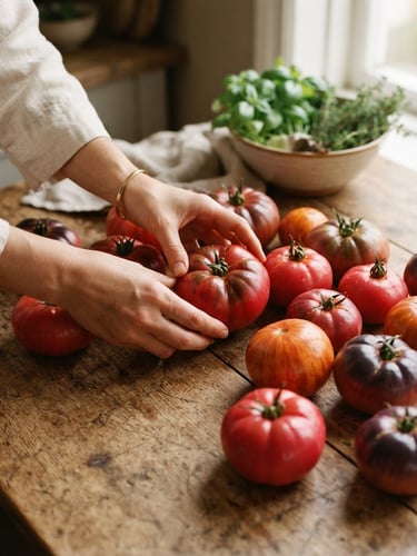 Warm editorial photography, soft natural Scandinavian daylight, hands arranging fresh heirloom tomatoes on a rustic wooden table, rich crimson tones, shallow depth of field
