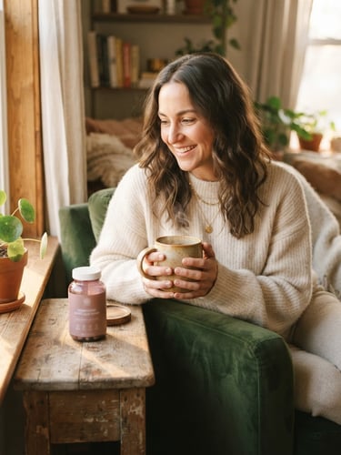 A woman in a soft, comfortable home environment bathed in golden-hour window light, holding a warm ceramic mug with a dusty rose supplement bottle on a nearby wooden table, shallow depth of field, 35mm