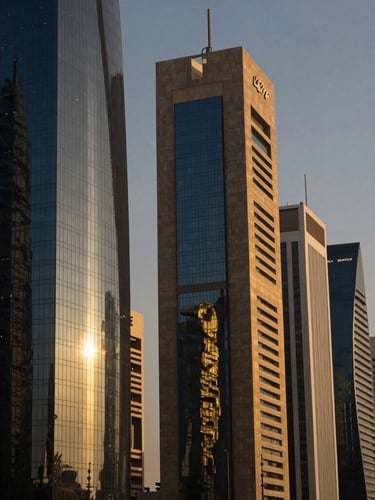 Dramatic golden-hour architectural light reflecting off modern glass skyscrapers in Dammam business district, editorial corporate photography, 35mm lens.