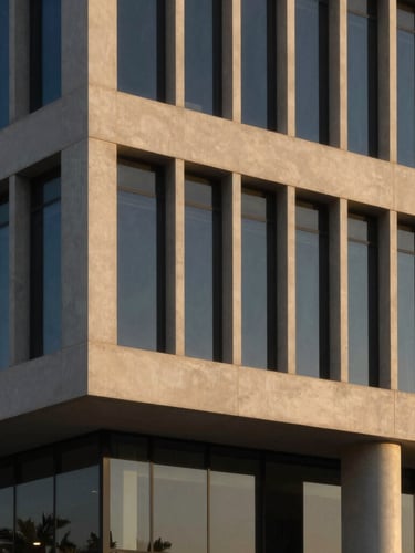Minimalist architectural detail of a modern corporate headquarters in Dammam, clean concrete lines, dramatic golden-hour sunlight reflecting on glass, 35mm lens