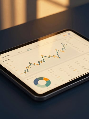 Close-up of a sleek tablet displaying a custom financial dashboard, warm golden light hitting the glass screen, dark navy background, macro lens.