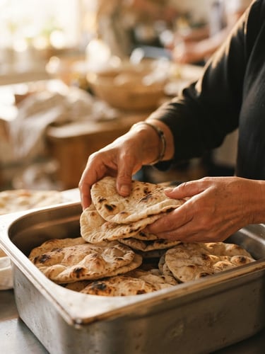 Dignified close-up of hands carefully packing fresh, warm flatbreads into clean distribution containers under soft golden daylight.