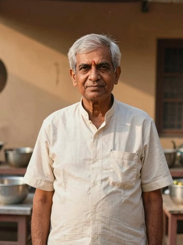 Dignified environmental portrait of founder Viresh Diwan standing in a clean, active community kitchen in India, warm lighting, authentic documentary style.