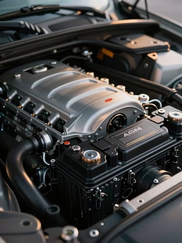 A pristine Porsche engine bay with a newly installed clean black AGM battery, sharp metallic reflections, cool ambient lighting with warm titanium highlights, macro framing.
