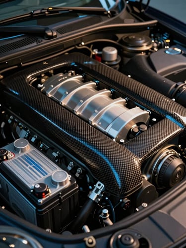 Macro shot of a pristine Porsche engine bay, clean carbon fiber covers, a newly installed high-performance AGM battery with sharp metallic reflections, cool ambient blue lighting with warm amber highlights.