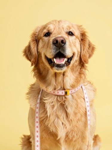 A cheerful golden retriever looking up with a soft measuring tape gently draped around its neck, bright studio lighting, soft yellow background, warm and friendly pet photography