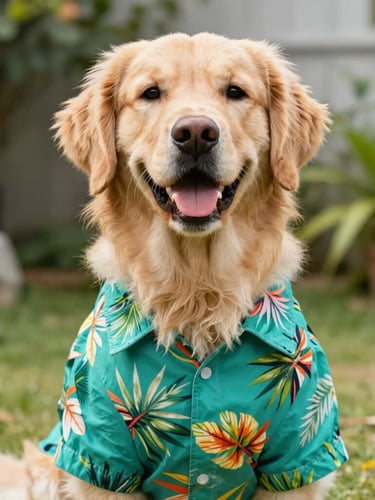 Bright pet photography of a happy golden retriever wearing a vibrant teal tropical shirt, natural daylight, eye-level portrait, outdoor garden background