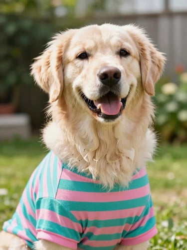 Bright eye-level portrait of a happy golden retriever wearing a colorful teal and pink striped shirt, sunny outdoor garden background, soft focus
