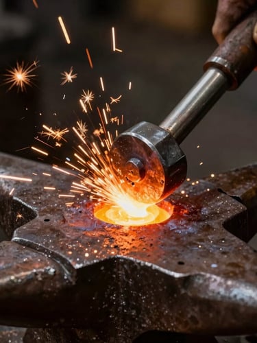 Extreme close-up macro shot of glowing molten metal being hammered on a dark steel anvil, sparks flying, dramatic chiaroscuro lighting, professional luxury photography.