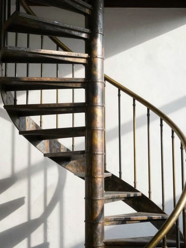 Extreme close-up of a monumental helical steel staircase, dramatic side-lighting casting graphic shadows on a stark white plaster wall, metallic sheen on hand-patinated brass handrails.