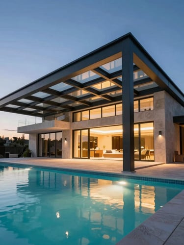 Extreme wide-angle architectural elevation of a modern Spanish villa at dusk, a monumental steel and glass pavilion framing a lit swimming pool, sharp geometric lines, dramatic side-lighting.