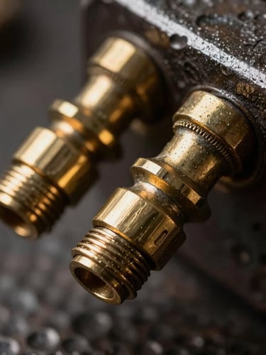 Extreme close-up of hand-patinated brass joints and hammered dark iron, dramatic side-lighting highlighting the metallic sheen, deep shadows.