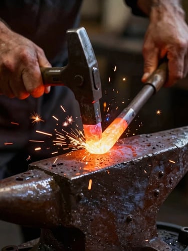 Extreme macro close-up of a master blacksmith's hands hammering glowing molten iron on an anvil, sparks flying in a dark atmospheric workshop, dramatic side lighting