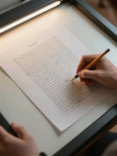 Close overhead view of a typeset manuscript proof on a light table, a designer's hand marking corrections in pencil, printing registration marks visible at the page edges, warm natural light from the left
