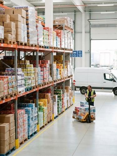 Bright commercial photography of a modern warehouse, high-key lighting, clean shelves stocked with organized boxes of beverages and snacks, a delivery van visible in the background, 35mm