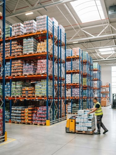 Bright commercial photography of a modern logistics warehouse, clean organized shelves with boxes of beverages, bright natural daylight, sharp focus, 35mm