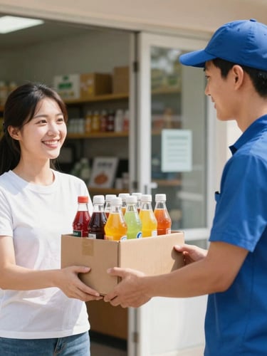 A professional delivery driver in a clean uniform handing over a box of beverages to a smiling local shop owner, bright natural daylight, commercial photography, sharp focus