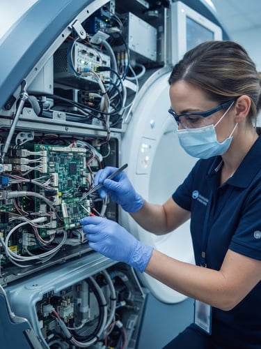 Field engineer in clean branded uniform working on internal circuitry of a high-tech medical imaging system, sharp focus on hands and components, bright clinical lighting, cool blue and slate tones, eye-level portrait.