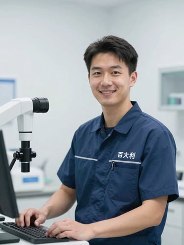 Eye-level portrait of a professional male technician in a clean branded uniform, smiling confidently, in a modern clinical office environment. Bright white studio lighting, sharp focus, cool blue and slate tones, 50mm lens.