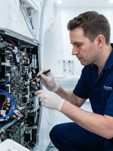 Field engineer in clean branded uniform meticulously working on the internal circuitry of a medical imaging machine, bright clinical white lighting, sharp focus on hands and components, cool blue and slate tones, 50mm lens, eye-level.