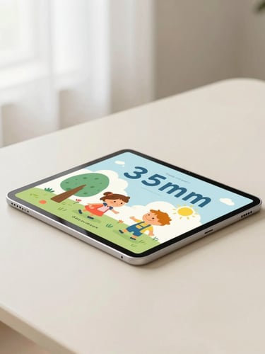 Minimalist tablet mockup on a warm cream table displaying a colorful children book cover, soft natural window light, 35mm
