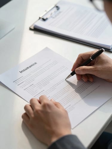 Close-up medium shot of a professional's hands reviewing a printed insurance document on a clean desk, a second open folder visible in the background, natural daylight from a nearby window casting soft shadows across the papers