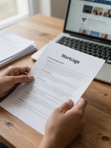 Close-up of hands reviewing a printed mortgage comparison sheet on a wooden desk, soft natural window light from the left, a laptop partially visible in the background showing a lender platform, documents stacked neatly beside — focused and calm