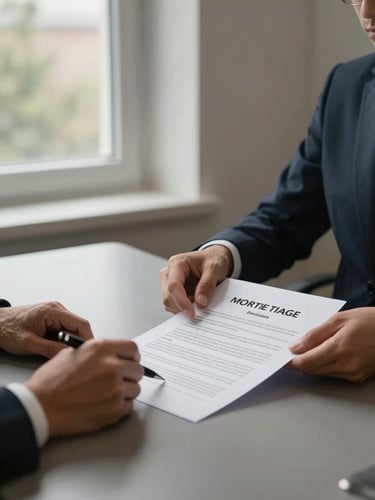 Medium shot of a professional's hands reviewing a mortgage document on a desk in a calm office meeting room, natural daylight from a window to the left, a pen resting beside the paper, architectural detail of a sash window frame visible in the background — no people posing, no faces, documentary framing