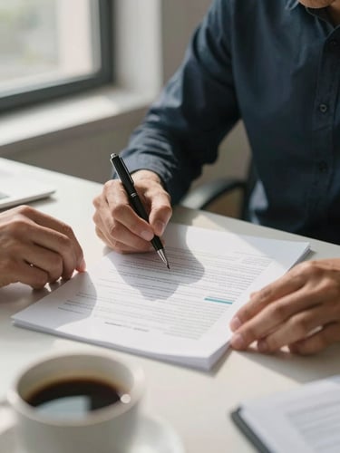 Close medium shot of two professionals seated at a desk reviewing a printed commercial insurance document, one hand holding a pen mid-annotation, the other steadying the page, natural window light from the left casting soft shadows across the paper, a coffee cup blurred in the foreground, calm and deliberate atmosphere