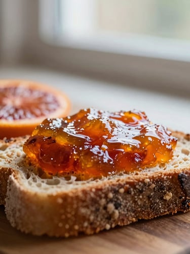 A warm, tight macro crop of glistening blood orange marmalade on rustic sourdough bread, soft morning window light, shallow depth of field, 35mm