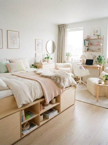 Bright, high-key teen bedroom with a storage-integrated bed in light birch wood, pastel accents, and faux fur loungers, soft natural daylight, clean Scandinavian interior, 35mm lens, expansive view showing organized space, furniture to the right, bed in foreground.