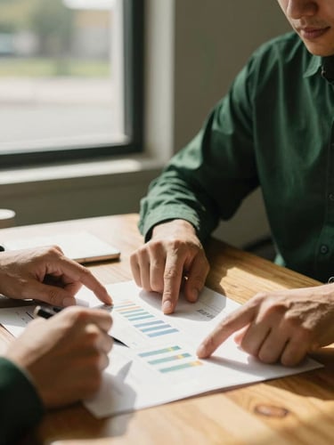 Medium close-up of a collaborative financial consultation, warm California daylight streaming through a window, hands pointing at printed charts on a wooden table, deep forest green accents, 35mm.