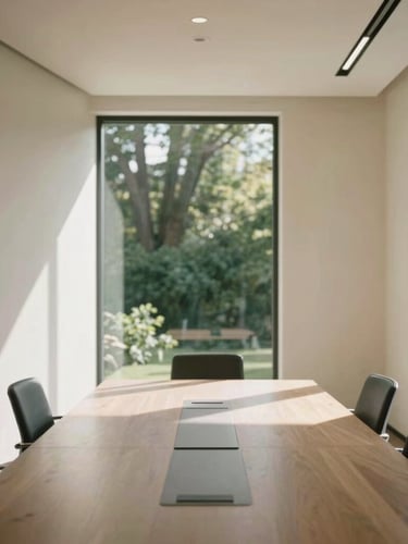 Wide environmental shot of a modern California office boardroom, soft natural light, clean architectural lines, minimalist cream walls, shallow depth of field.