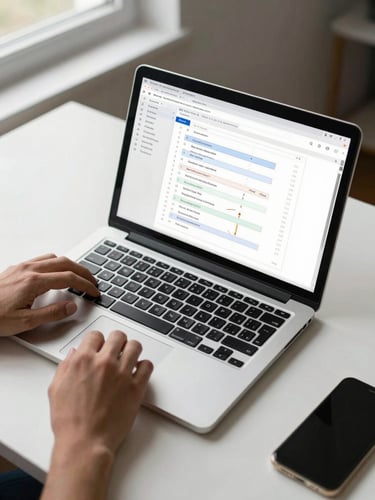Overhead view of a desk with a laptop screen showing an automation workflow diagram and task assignment interface, soft natural light from a nearby window, hands resting near the keyboard, clean minimal workspace