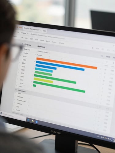Close-up over-the-shoulder view of a translation project management dashboard on screen, showing project list with deadlines, budget bars, and status columns, natural office window light, no person visible