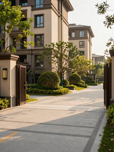 Warm daylight architectural shot of a secure gated residential community entrance with clean pathways and lush green landscaping