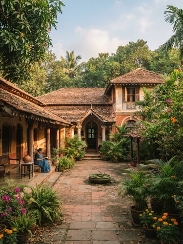 Wide shot of a peaceful terracotta-tiled villa courtyard in Shantiniketan, surrounded by lush green trees under soft morning sunlight, architectural detail, 35mm lens