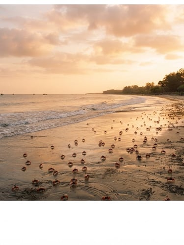 Wide golden-hour panoramic shot of Tajpur sea beach with soft waves and red crabs on the sand, warm 35mm photography