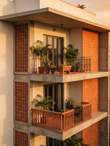 A warm golden-hour architectural detail of a modern G+4 residential building in Kolkata, clean lines, terracotta accents, soft shadows, 35mm lens