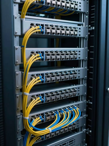 Close-up of organized server rack cable runs in a data center, color-coded ethernet bundles neatly routed through cable managers, cool even studio lighting showing crisp detail across the infrastructure panel