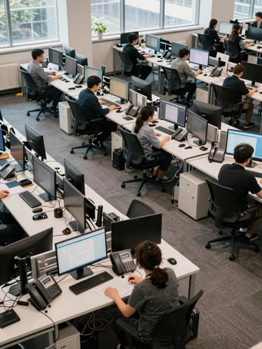 Overhead wide shot of a busy SMB office floor, multiple desks with phones and monitors active simultaneously, even daylight from large windows, organized cables visible under desks, operational workflow in motion