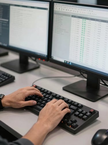 Hands on a mechanical keyboard at a workstation with multiple monitors showing call-log dashboards and data tables, cool neutral daylight from the side, close environmental framing showing the operational context