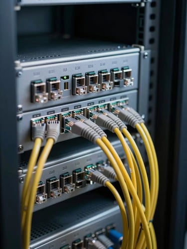 Close-up of organized ethernet cable runs and patch panel in a small business server closet, even cool studio lighting showing tidy infrastructure detail, shallow depth of field on the cable connections