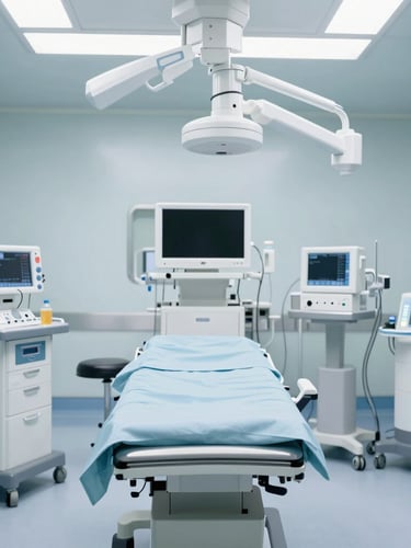 Medium-wide shot of an empty, clean, modern operating room with sterile medical equipment, soft diffused daylight, calming slate blue and white tones, professional clinical setting, 35mm lens.