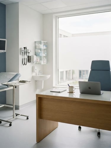 Modern, sterile medical consultation room with a professional atmosphere, soft diffused daylight, clean slate blue and white tones, no people, 35mm lens