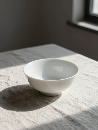 Single white ceramic bowl on a pale linen cloth, natural side-light from a window casting a long soft shadow, minimal and quiet composition with generous empty space around the bowl