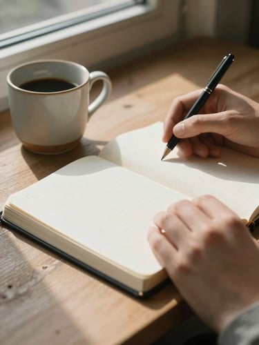 Close-up of hands resting on an open notebook beside a ceramic cup, warm north-facing window light falling across the page, soft shadows, natural linen surface visible at the edges